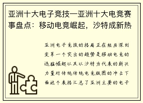亚洲十大电子竞技—亚洲十大电竞赛事盘点：移动电竞崛起，沙特成新热土